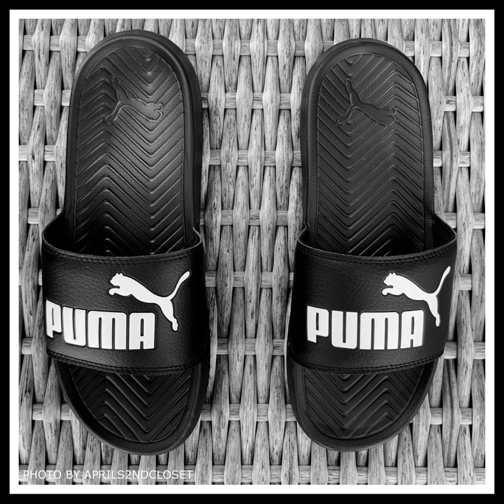 PUMA BLACK SLIDES SANDALS SLIP ONS WHITE CAT A3C - Picture 6 of 8